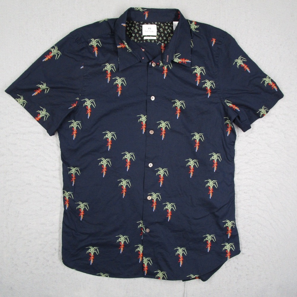 PS Paul Smith Mens XL Tailored Fit Navy Blue Palm Tree Print Short Sleeve Shirt
